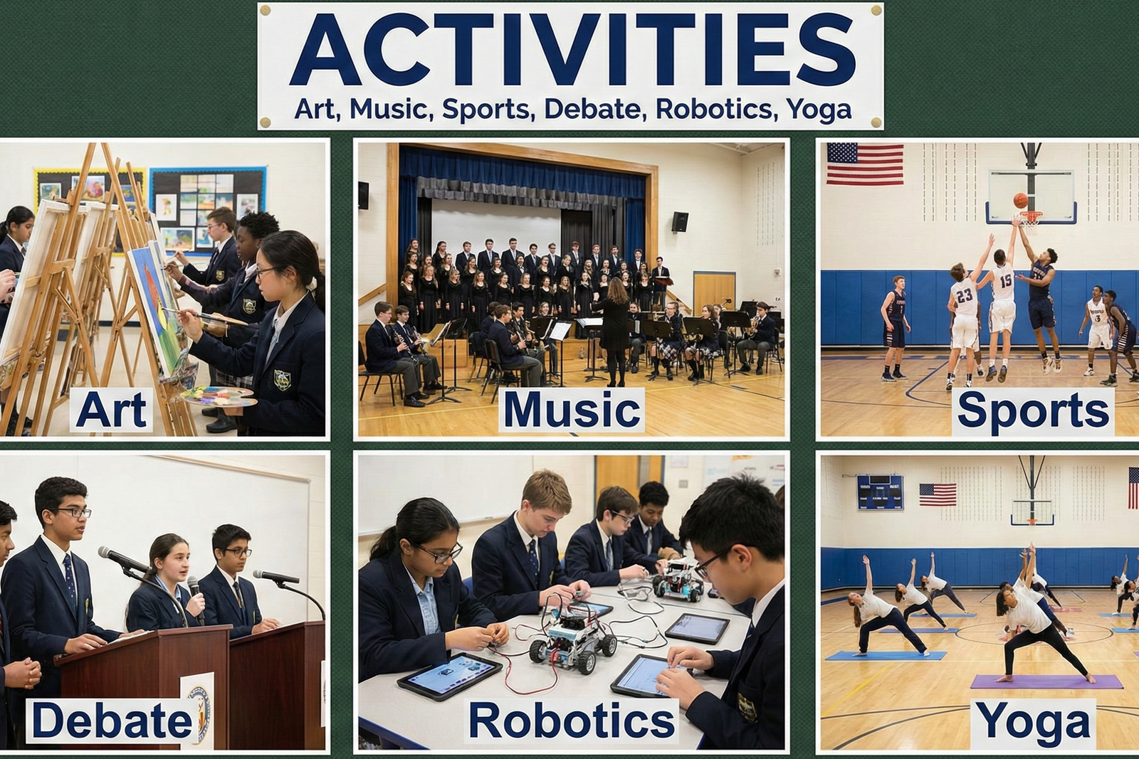 Home activities, art, music, sports, debate, robotics, yoga.
